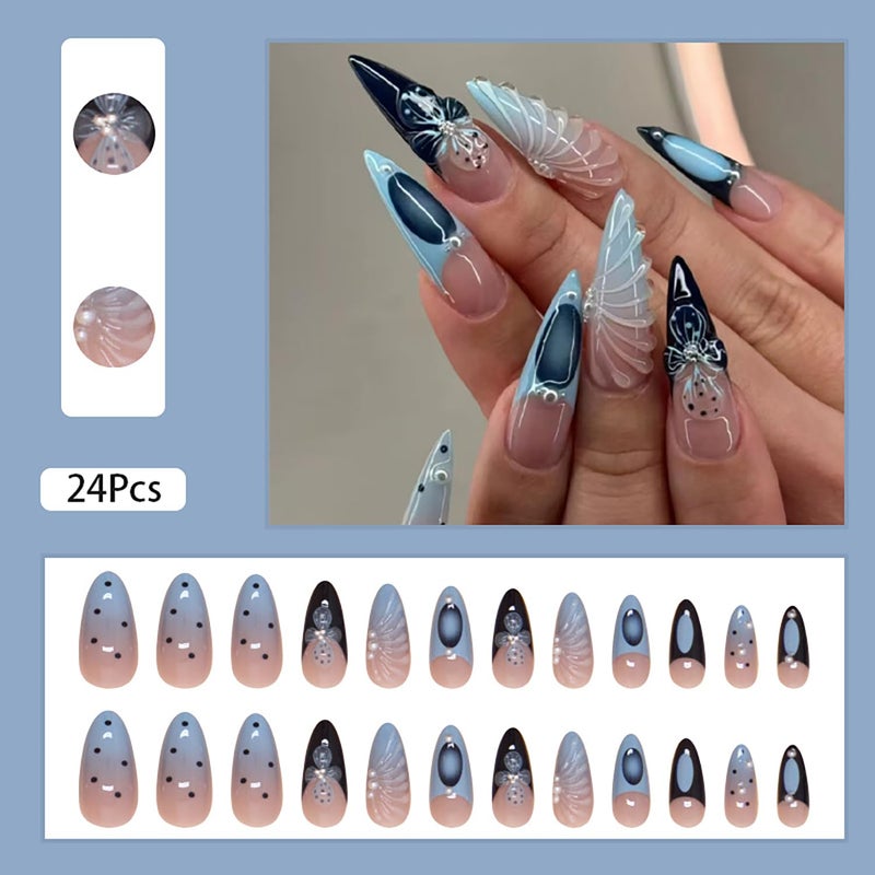 ASABITE 24 Pcs Almond Press on Nails Long Stiletto Fake Nails Fall Summer False Nails with 3D Shell Pearl Design Glossy Glue on Nails French Tip Artificial Nails Full Cover Stick on False Nails for Women - Image 2
